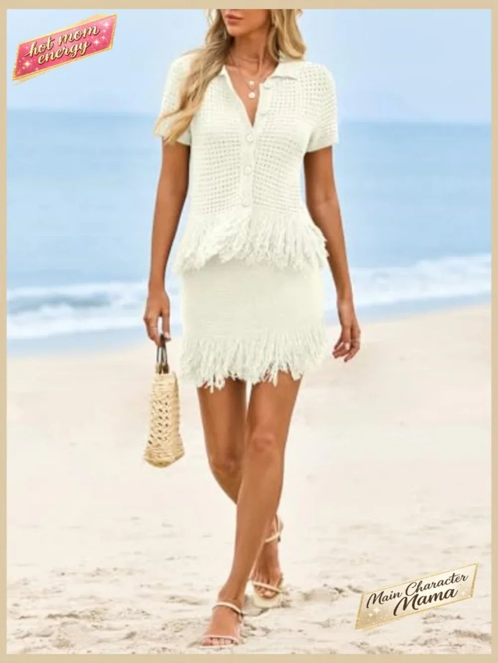 Crochet Button Sweater Fringe Skirt Set Summer Vacation Beach Cover Up - Picture 6 of 7